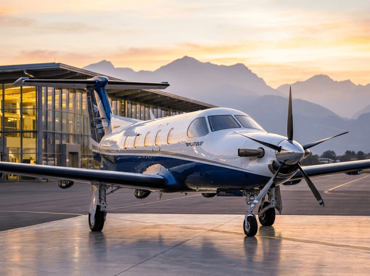 A turboprop aircraft on a regional airport tarmac at sunset